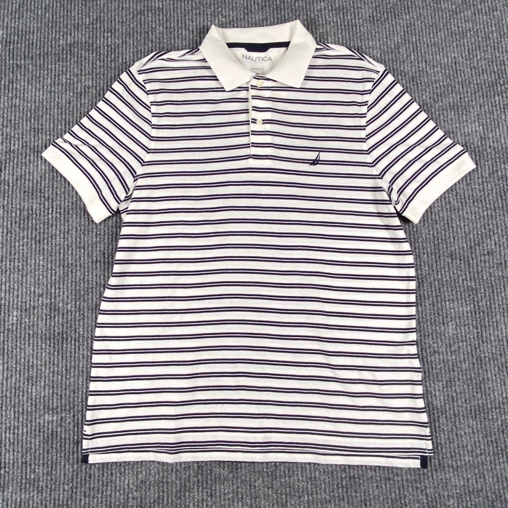 Nautica Polo Shirt Mens Medium White Blue Striped Classic Fit Preppy NWT